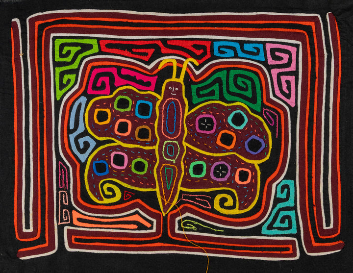 Smiling polka dot butterfly mola, hand stitched Guna panel from Panama, 16 by 12 inches