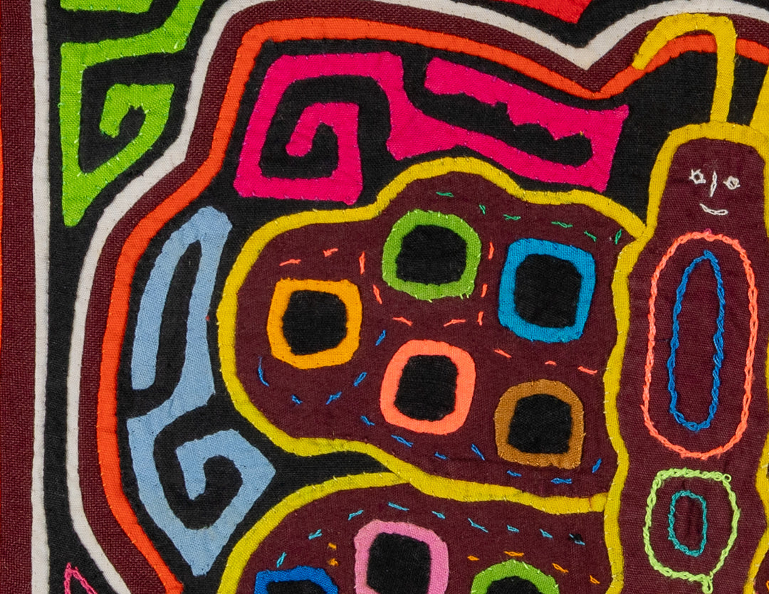 Smiling polka dot butterfly mola, hand stitched Guna panel from Panama, 16 by 12 inches