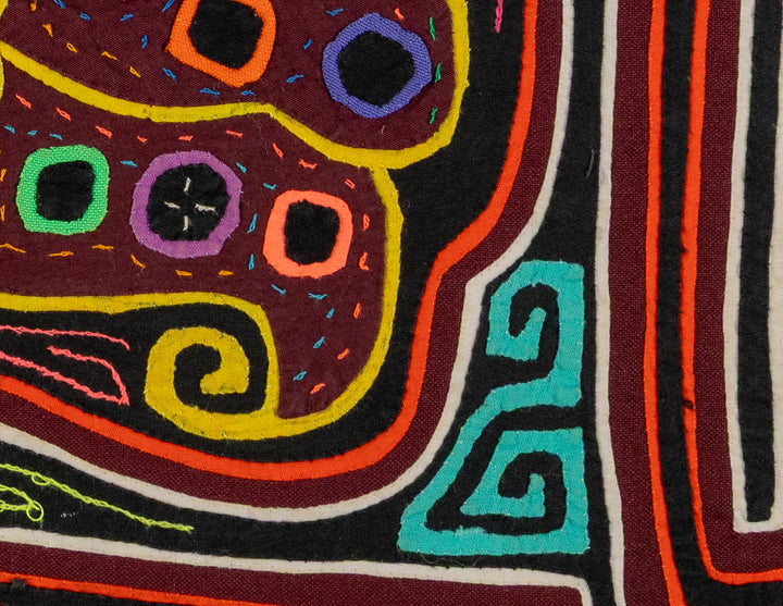 Smiling polka dot butterfly mola, hand stitched Guna panel from Panama, 16 by 12 inches