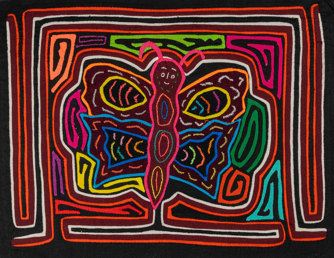 Grinning butterfly mola, hand stitched Guna panel from Panama, 16 by 12 inches