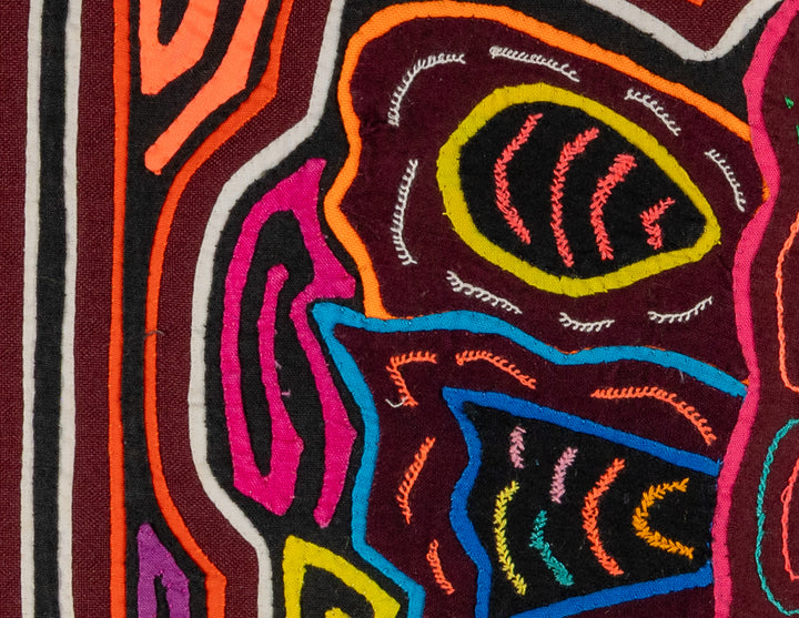 Grinning butterfly mola, hand stitched Guna panel from Panama, 16 by 12 inches
