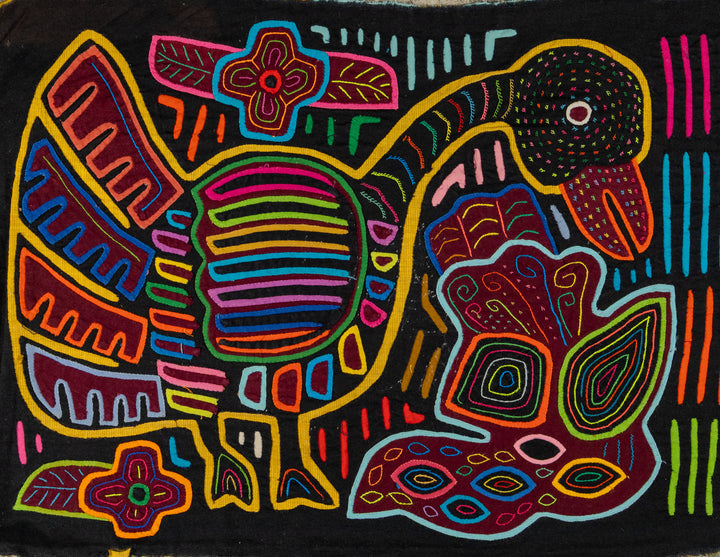 Goose on the loose mola, hand stitched Guna panel from Panama, 16.5 by 11.5 inches