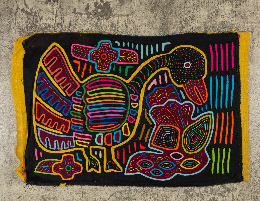 Panama mola panel, striped goose and a second bird on black, hand stitched reverse applique