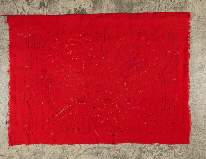 Two rainforest fruits mola, hand stitched Guna panel from Panama, 17 by 12.5 inches