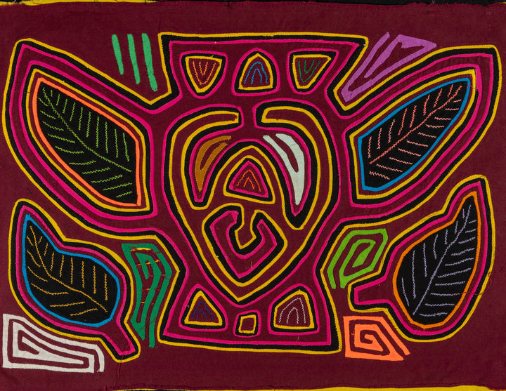Bumblebee in flight mola, hand stitched Guna panel from Panama, 18 by 13 inches