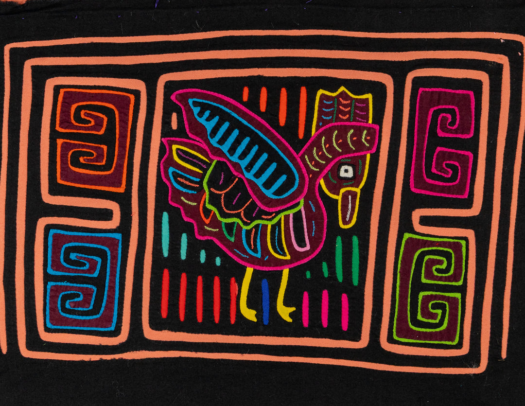 Barnyard rooster mola, hand stitched Guna panel from Panama, 16 by 11 inches