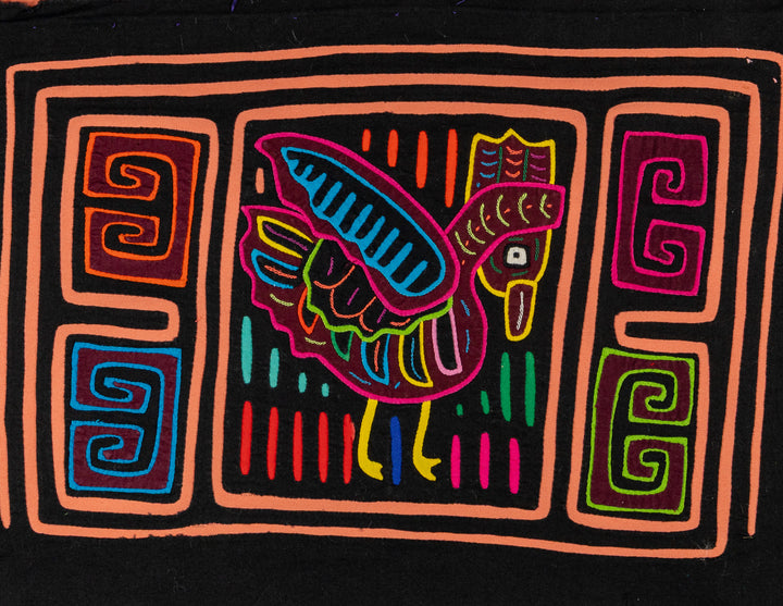 Barnyard rooster mola, hand stitched Guna panel from Panama, 16 by 11 inches