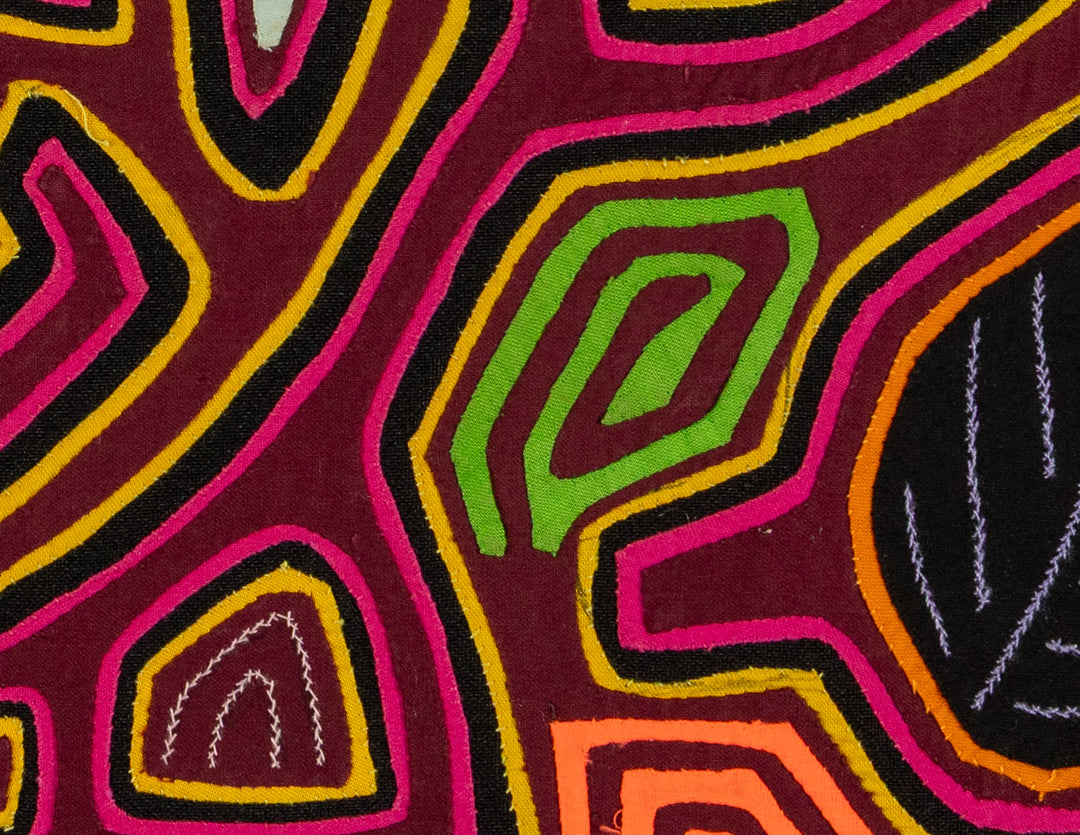 Bumblebee in flight mola, hand stitched Guna panel from Panama, 18 by 13 inches