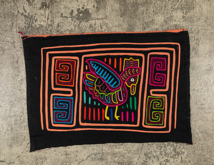 Panama mola panel, rooster with a tall comb and blue tail outlined in peach on black, hand stitched reverse applique