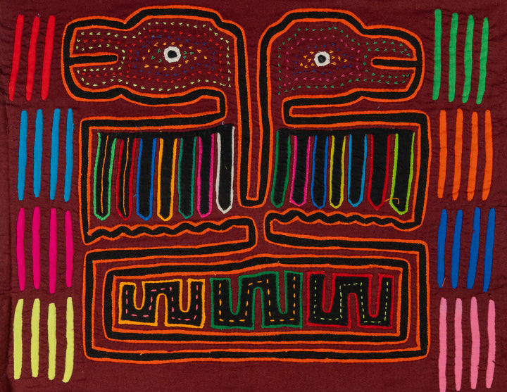 Thunderbird with two heads mola, hand stitched Guna panel from Panama, 15 by 13 inches
