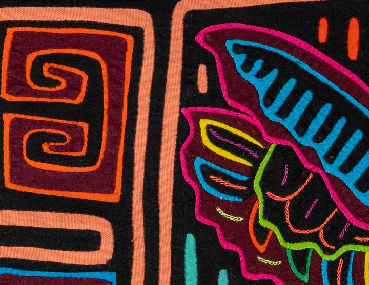 Barnyard rooster mola, hand stitched Guna panel from Panama, 16 by 11 inches