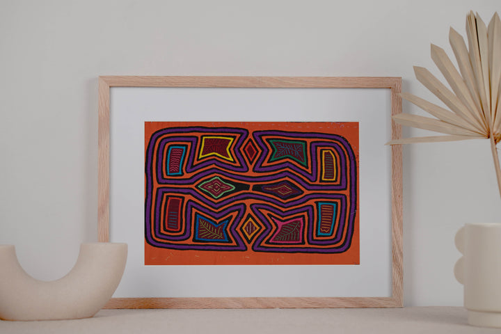 Orange And Purple Squint-Eye Aztec Warrior Mola