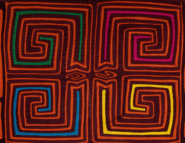 Maroon and orange four square spirals mola, hand stitched Guna panel from Panama, 15 by 11 inches
