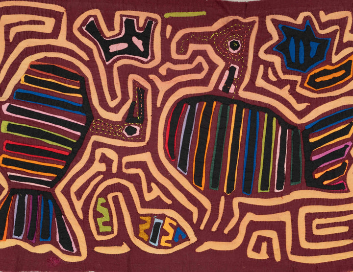 Burgundy turkey family out for a stroll mola, hand stitched Guna panel from Panama, 19 by 13 inches