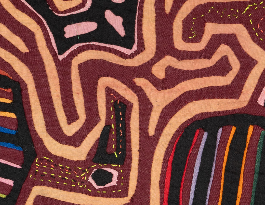 Burgundy turkey family out for a stroll mola, hand stitched Guna panel from Panama, 19 by 13 inches