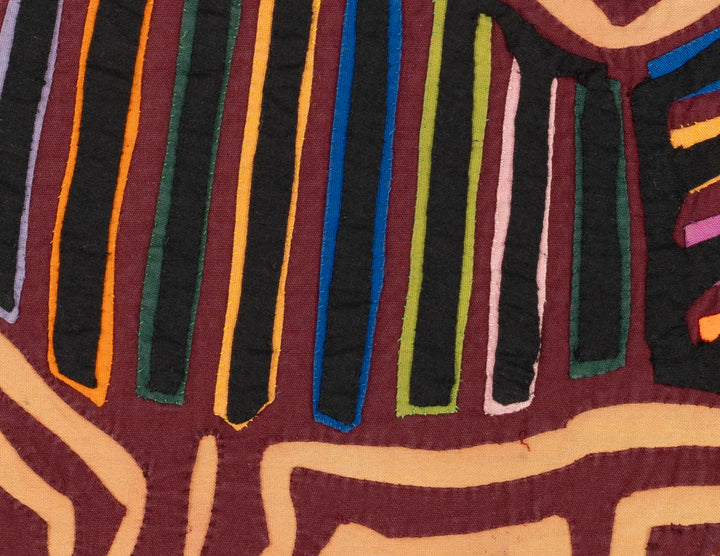 Burgundy turkey family out for a stroll mola, hand stitched Guna panel from Panama, 19 by 13 inches