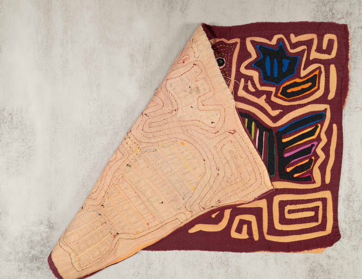 Hand stitched Guna mola from Guna Yala Panama, turkey family with little flowers on burgundy