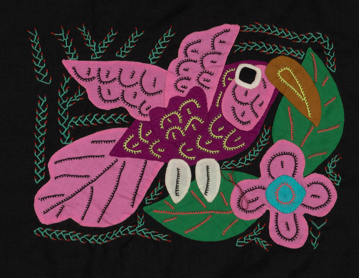 Volcano Hummingbird molita, small hand stitched Guna mola from Panama, 11 by 8 inches