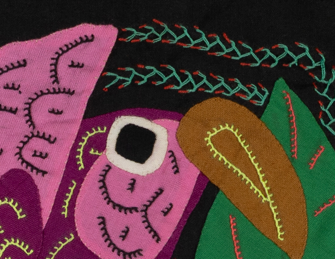 Volcano Hummingbird molita, small hand stitched Guna mola from Panama, 11 by 8 inches