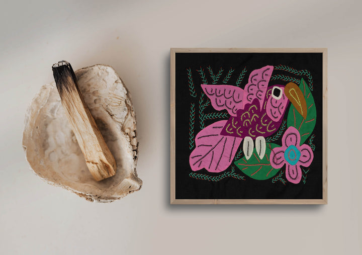 Volcano Hummingbird molita, small hand stitched Guna mola from Panama, 11 by 8 inches