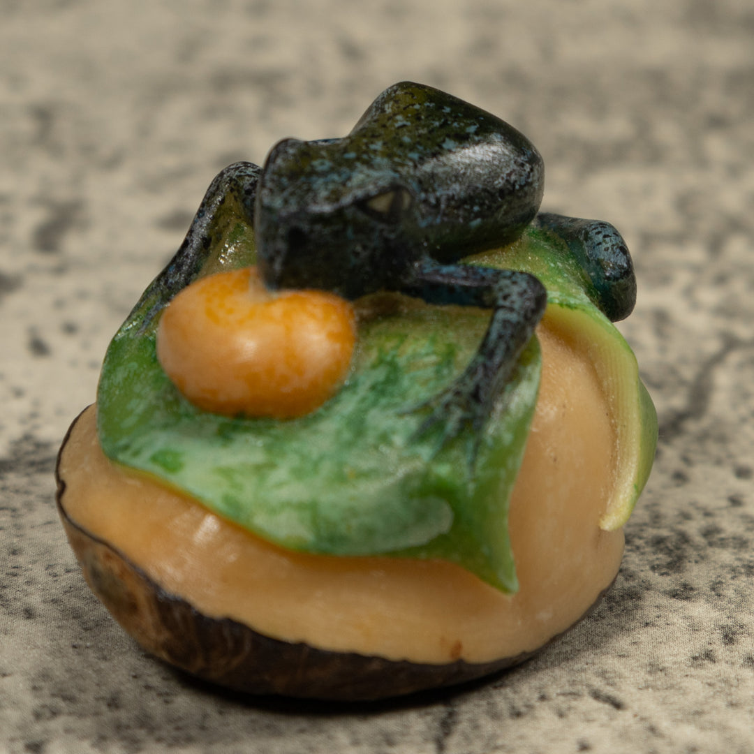 Blue Black And Gold Blow Throat Frog Tagua Carving