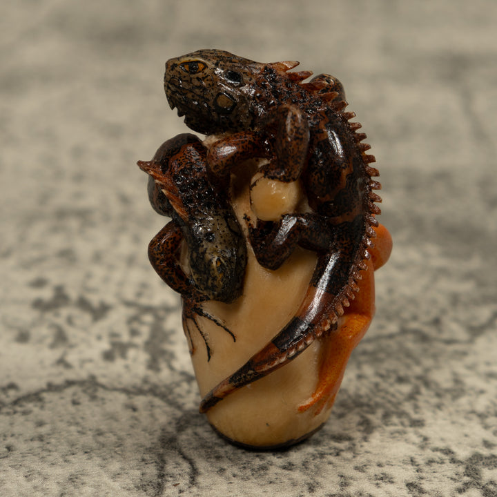 Gold And Brown Iguana And Frog Tagua Carving