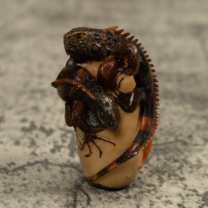 Gold And Brown Iguana And Frog Tagua Carving