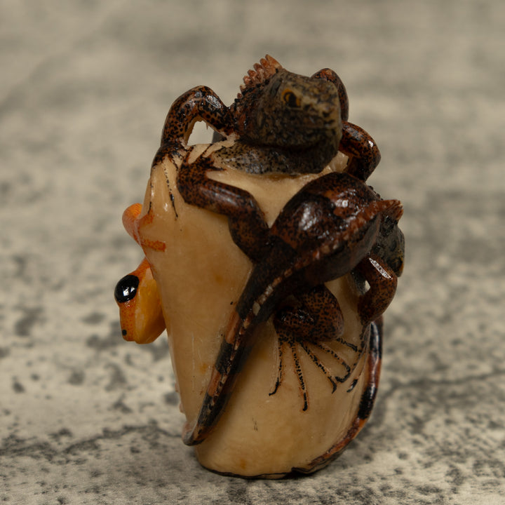 Gold And Brown Iguana And Frog Tagua Carving