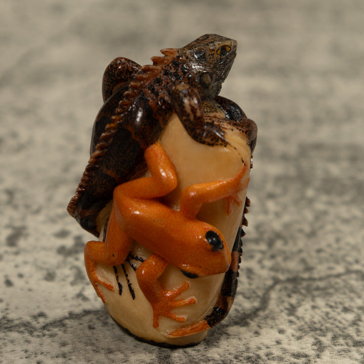 Gold And Brown Iguana And Frog Tagua Carving
