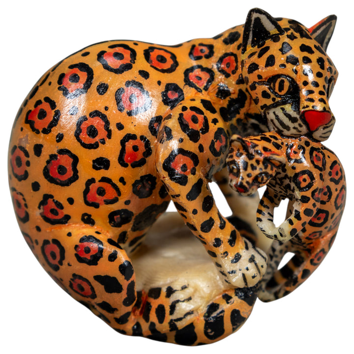 Black And Orange Jaguar Cat With Kitten Tagua Carving