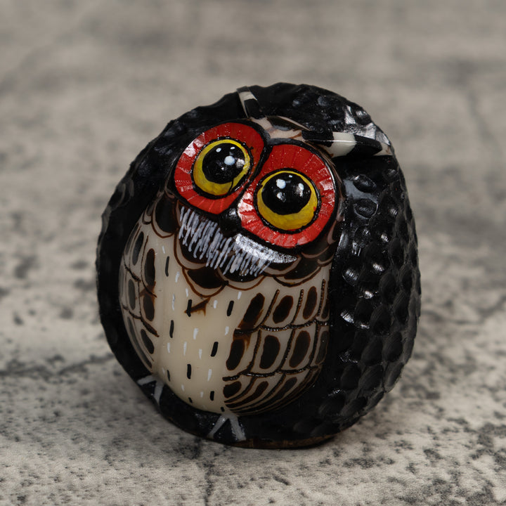 Full Nut Black Orange And White Owl Tagua Carving