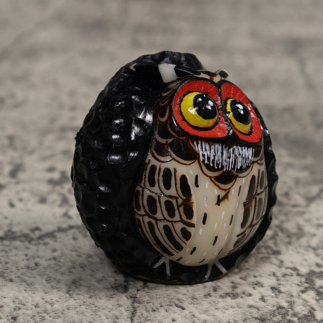 Full Nut Black Orange And White Owl Tagua Carving