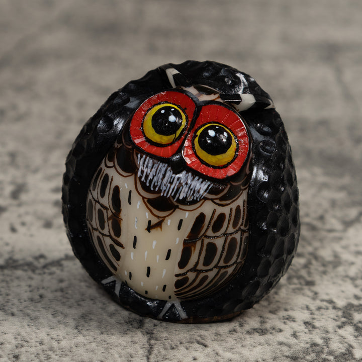 Full Nut Black Orange And White Owl Tagua Carving
