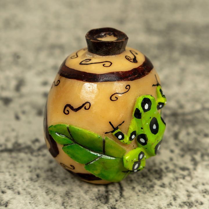 Green Frog On Etched Vase Tagua Carving