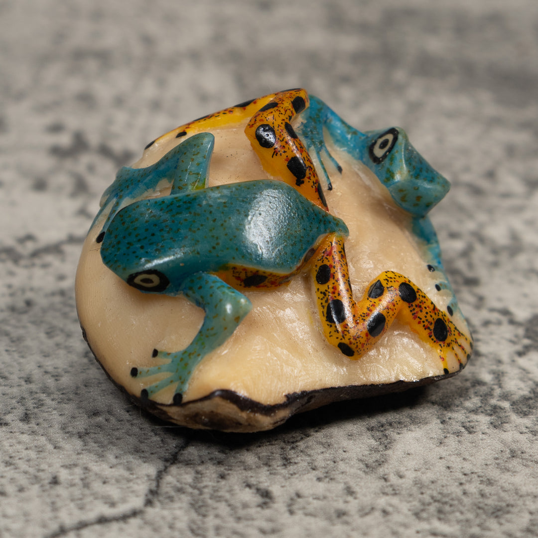 Double Blue Gold And Black Poison Dart Frog Tagua Carving