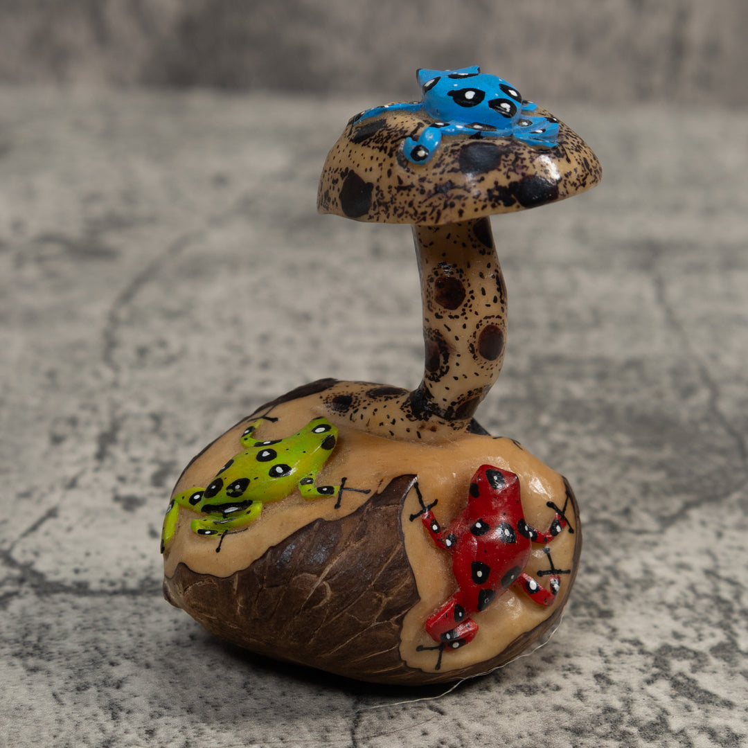 Multiple Poison Dart Frog And Mushroom Tagua Carving