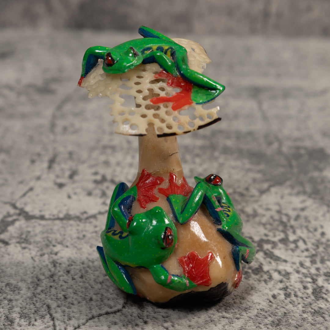 Multiple Tree Frog And Mushroom Tagua Carving