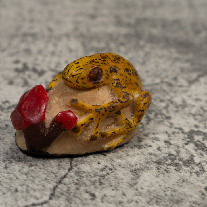 Yellow Black And Red Frog With Foliage Tagua Carving