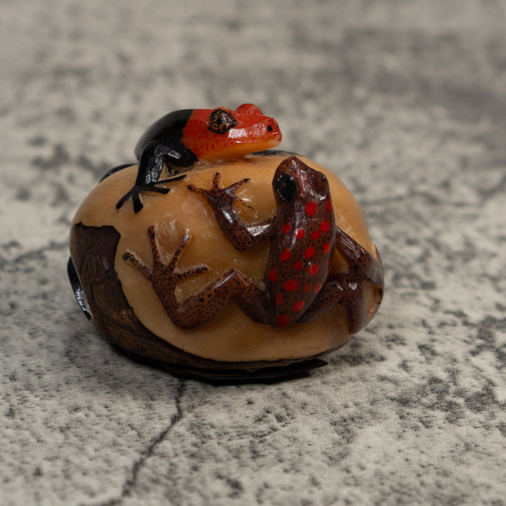 Black Red And Brown Gecko And Frog Tagua Carving