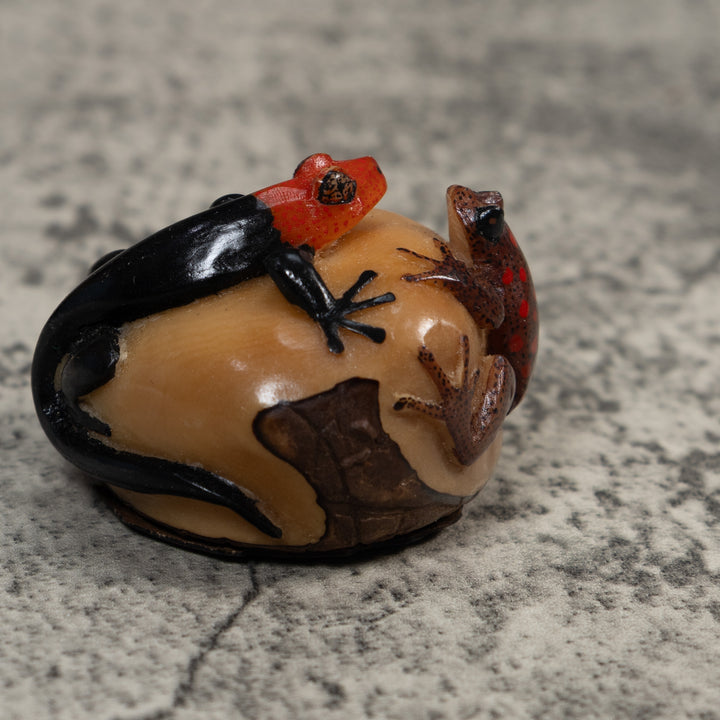 Black Red And Brown Gecko And Frog Tagua Carving