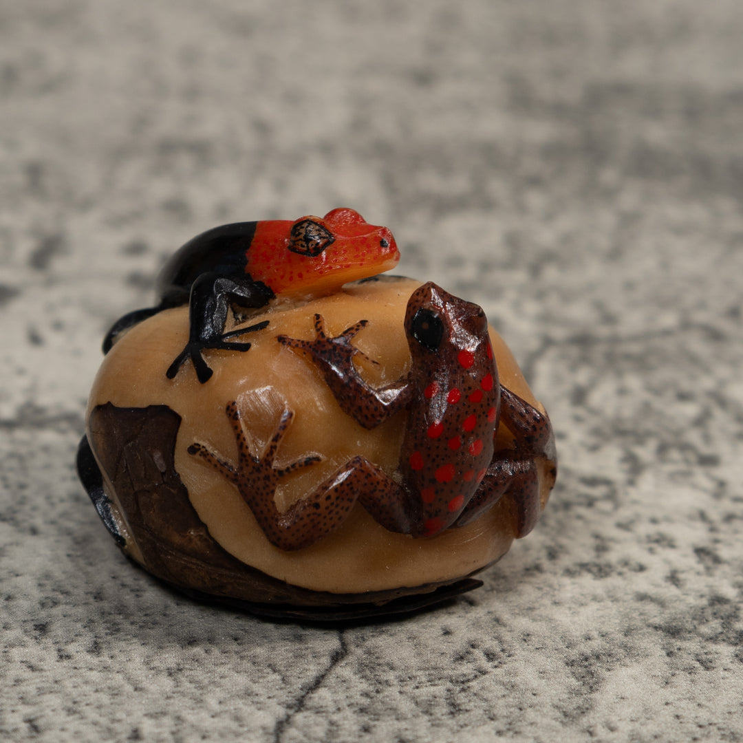 Black Red And Brown Gecko And Frog Tagua Carving