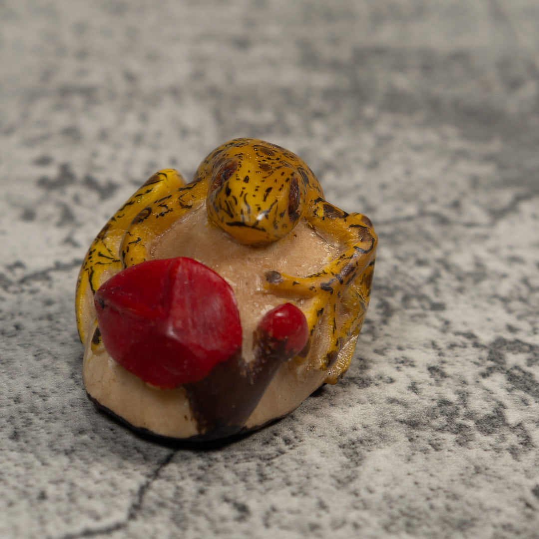 Yellow Black And Red Frog With Foliage Tagua Carving