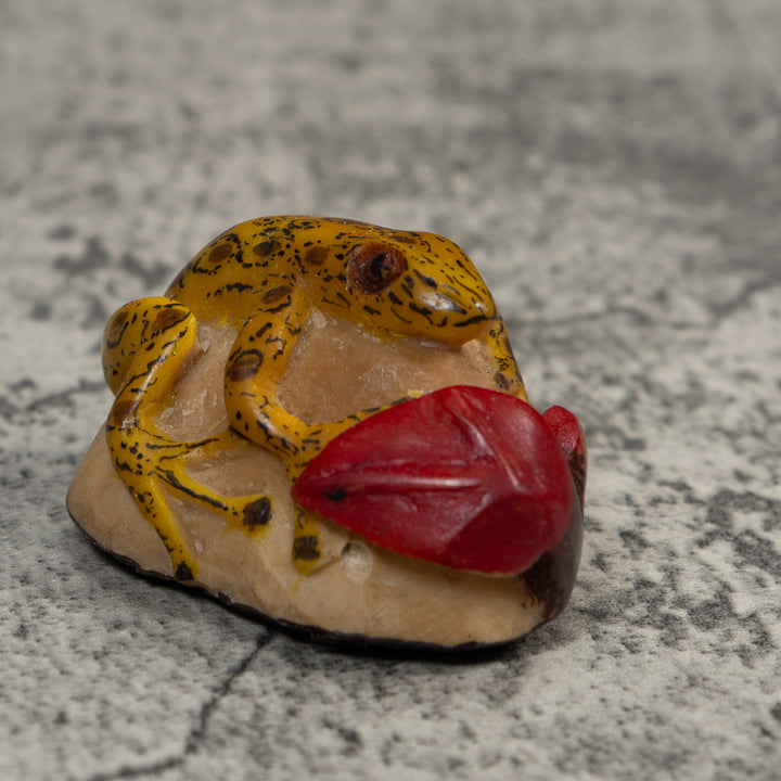 Yellow Black And Red Frog With Foliage Tagua Carving