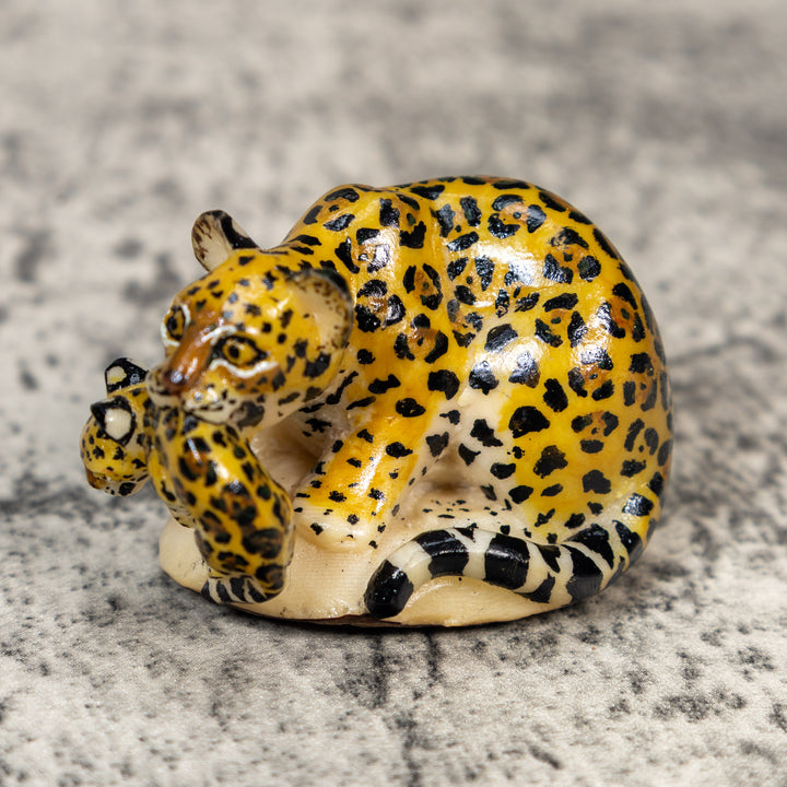 Jaguar Cat With Cub Tagua Carving