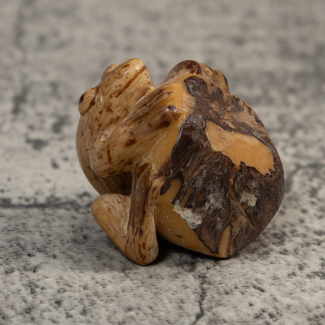 Vintage Brown And White Frog Tagua Carving