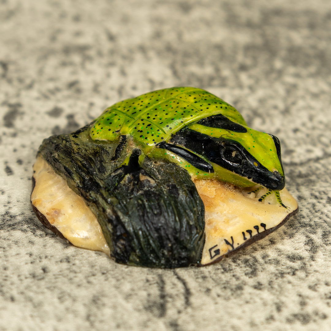 Green Poison Dart Frog Under Leaf Tagua Carving