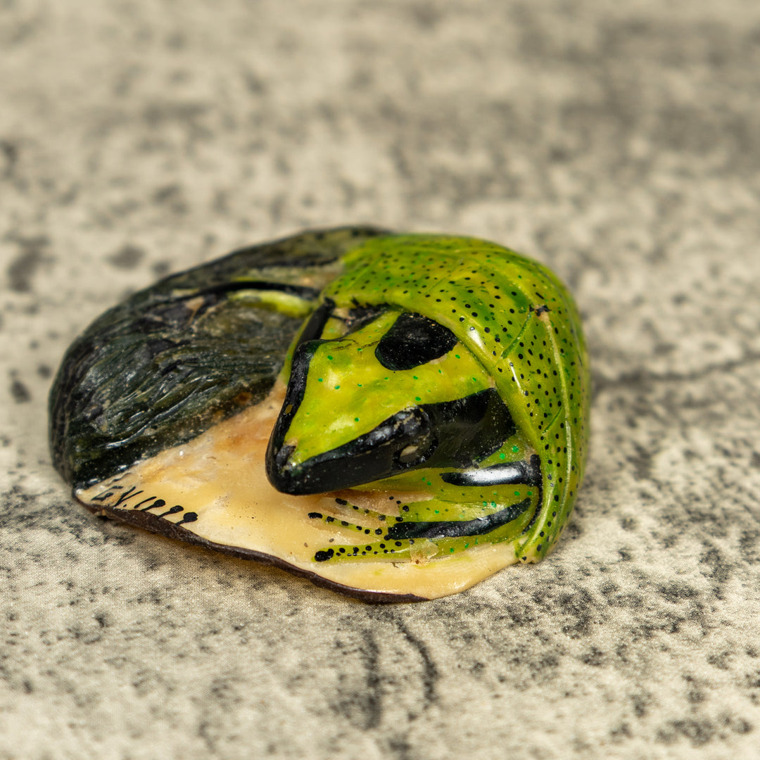 Green Poison Dart Frog Under Leaf Tagua Carving