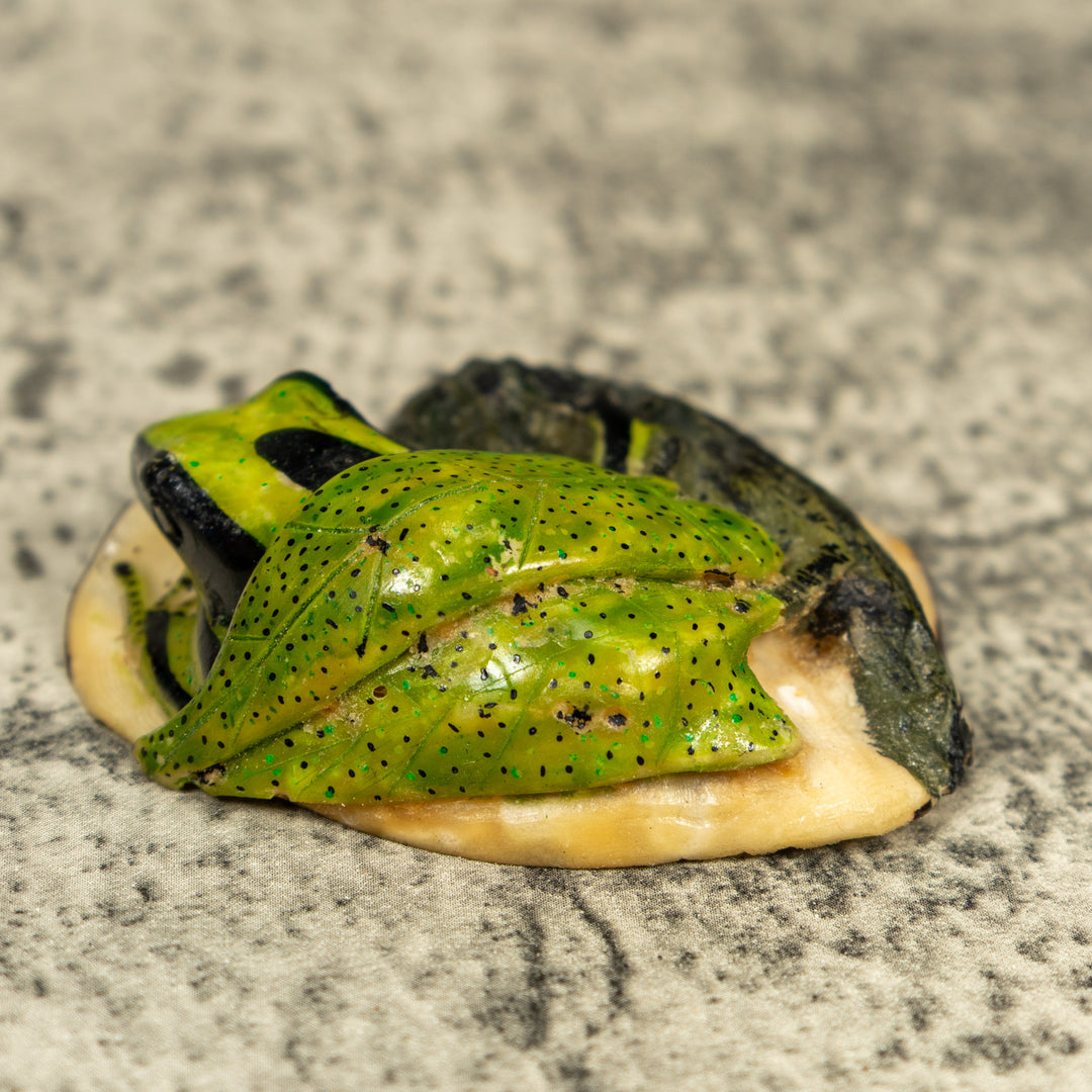Green Poison Dart Frog Under Leaf Tagua Carving