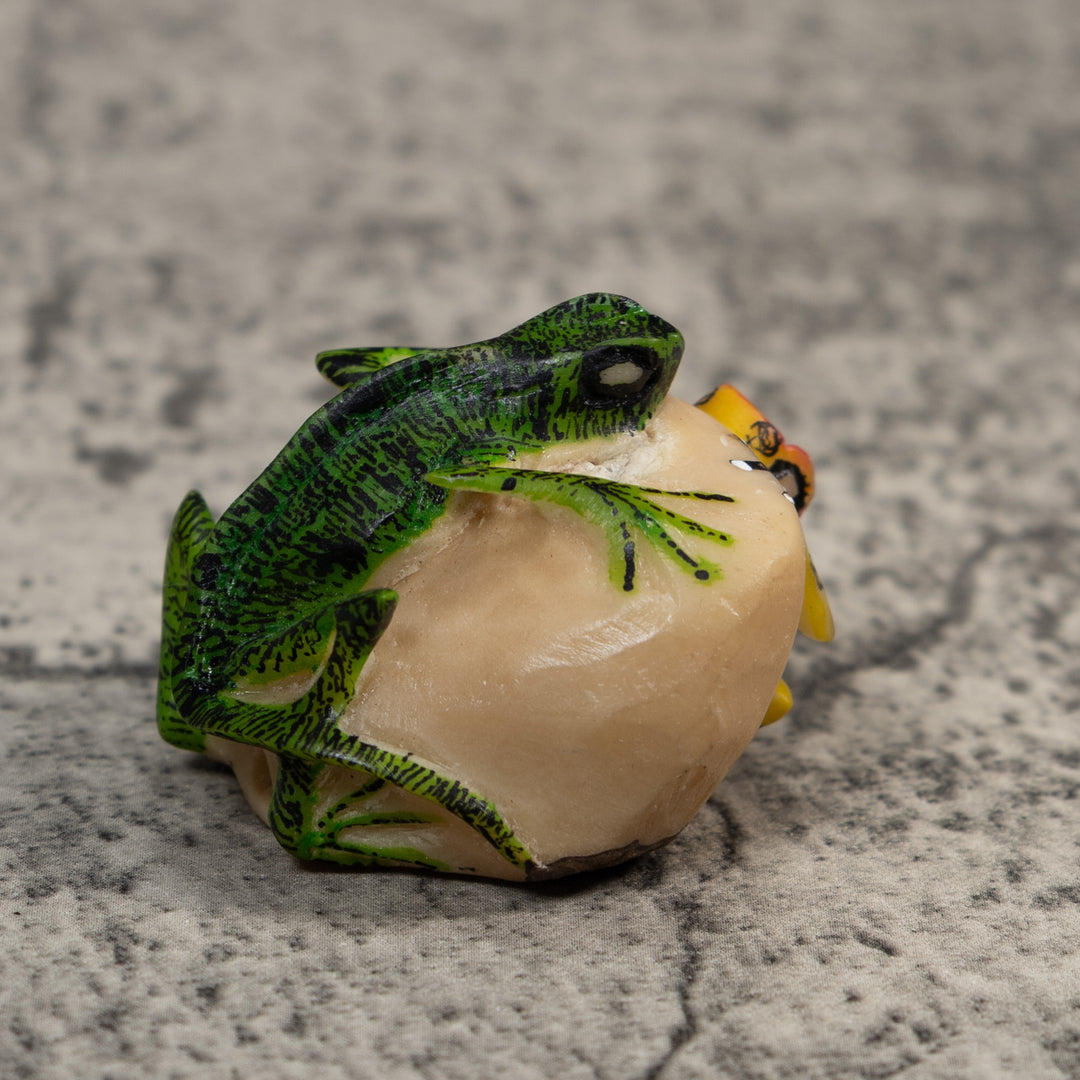 Red Green And Yellow Iguana And Frog Tagua Carving