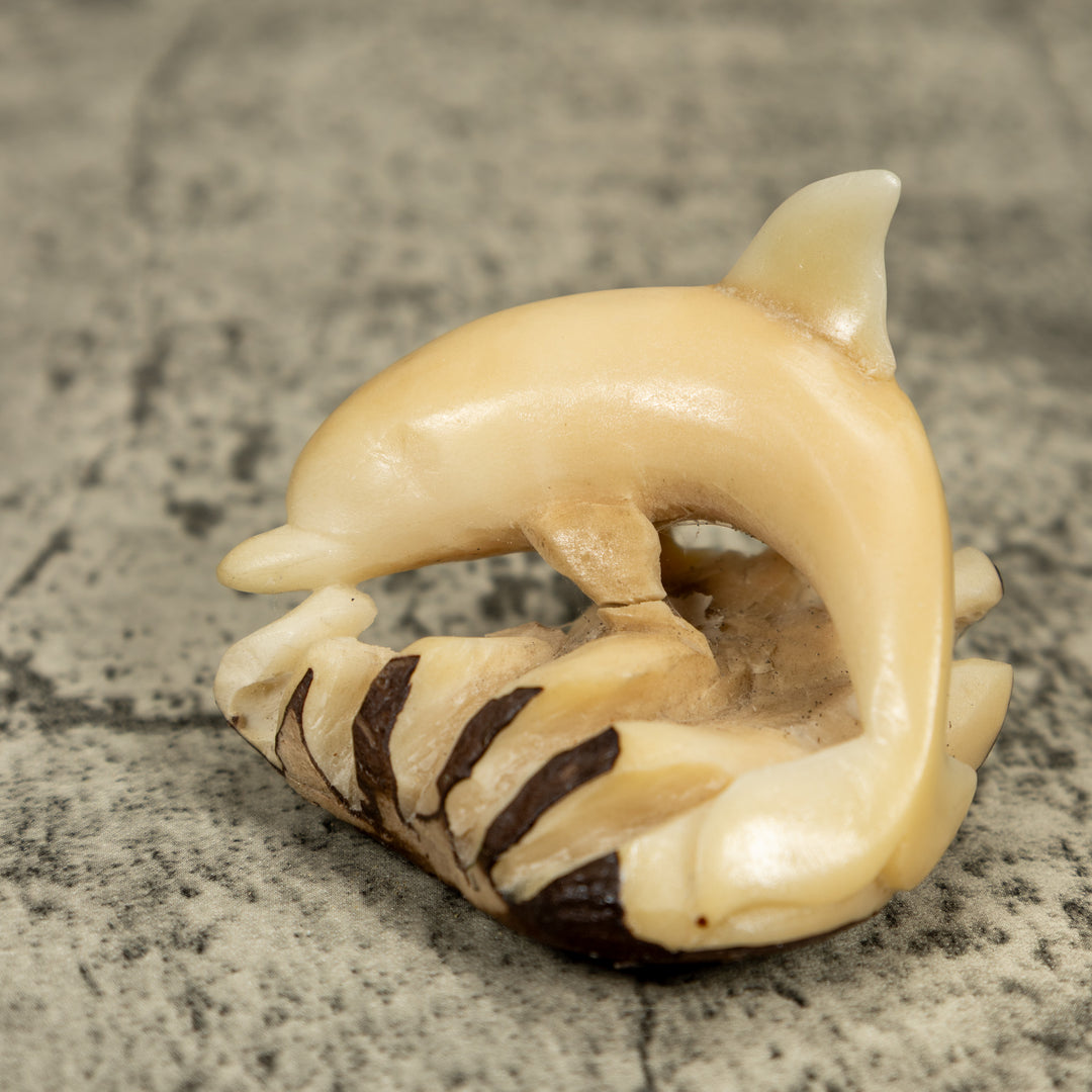Natural White Dolphin Riding Waves Tagua Carving
